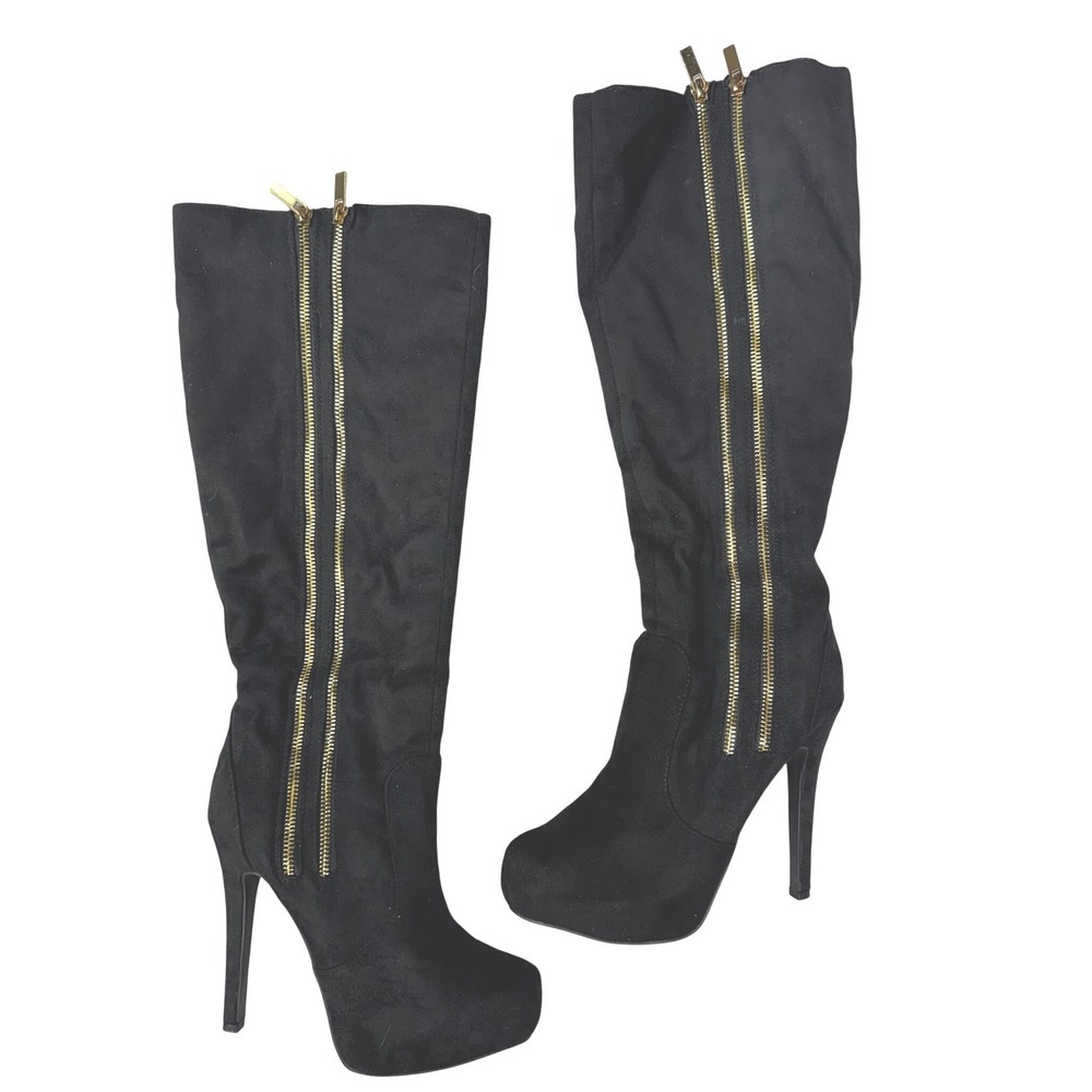 Black Faux Suede Knee High Platform Stiletto Boots Gold Double Zipper Detail